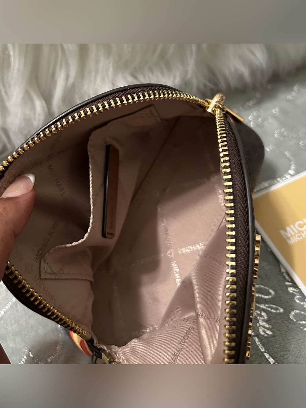 NWT Michael Kors Small Jet Brown Cosmetic Pouch-Pink/Green/Yellow Fruit Print - Picture 6 of 9